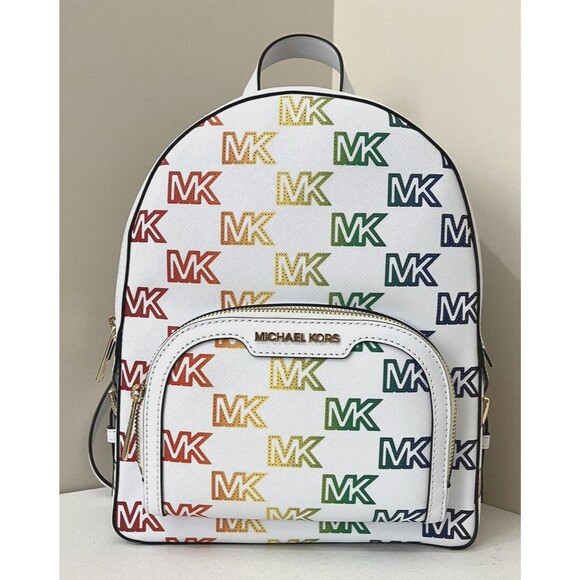 New Michael Kors Jaycee Medium Zip Pocket Backpack Pride Optic White Multi - Picture 1 of 5